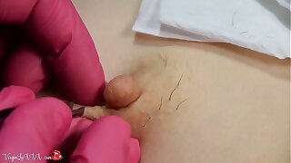 Stud Beautician Plucks Hair on Nipples of Girl on Depilation and Massaging Tits In Red Latex Gloves